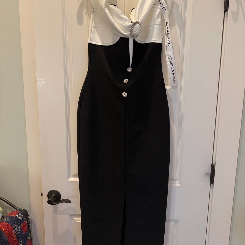 Bella Barnett Elegant Black and White Strapless Midi Dress by